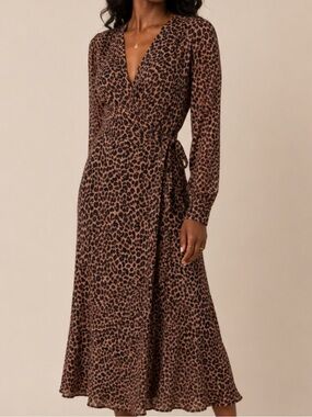 Jovonna London Brown Black Leopard Print Wrap Maxi Dress Small Long Sleeve